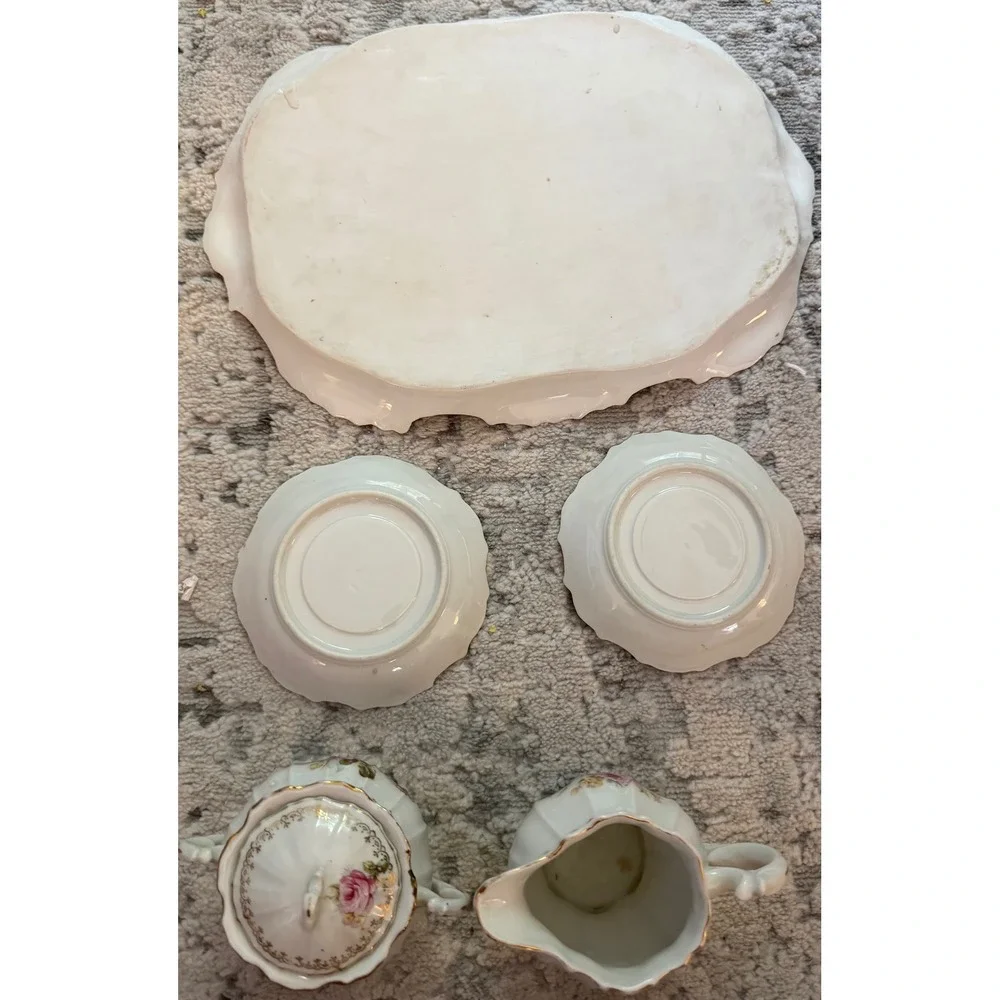 Vintage Porcelain Rose Tea Set Gold Gilded Tray Sugar Bowl Creamer 6 Piece